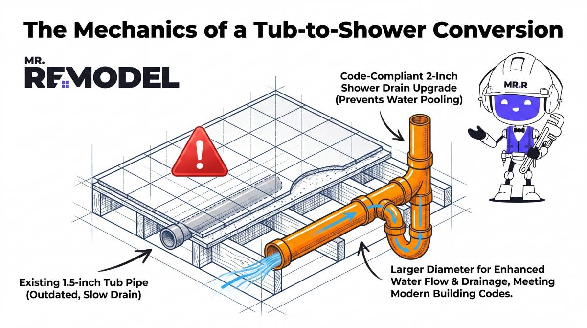 A technical 3D plumbing diagram explaining the drain size upgrade required when executing a bathtub-to-shower conversion.